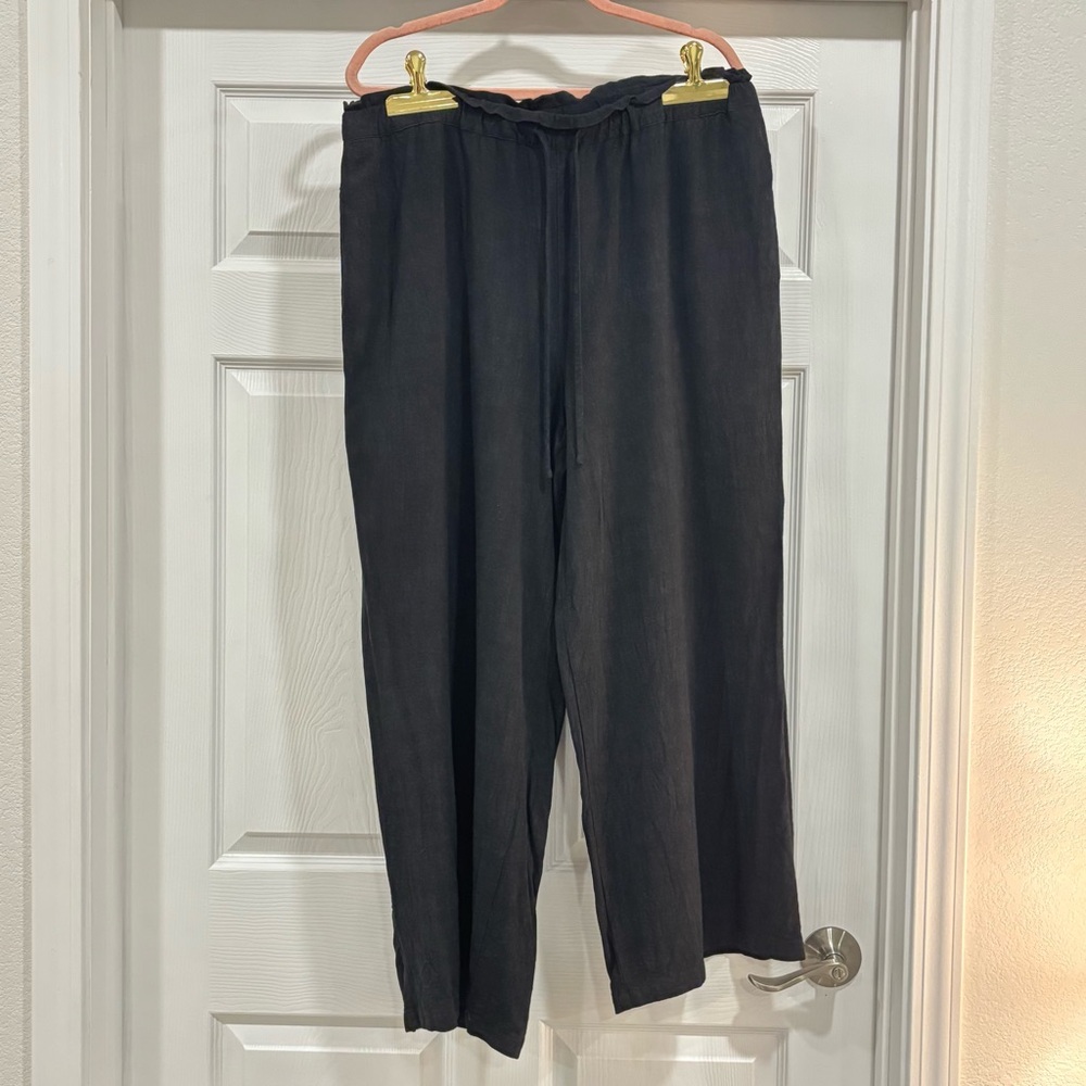Women's Black Linen Blend Wide Leg Drawstring Pants
